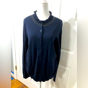 Women’s XL Loft navy blue button down cardigan w/ruffle collar & embellishments
